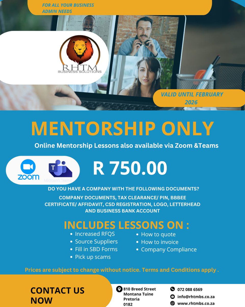 Rhtmbs's tweet image. Mentorship Packages tailored for everyone. Call or text us today for more info.
📞: 0720886569(Calls and WhatsApp)
📧: info@rhtmbs.co.za
🌍: rhtmbs.co.za
📍: 810 Breed Street, Montana Tuine, Pretoria, 0182