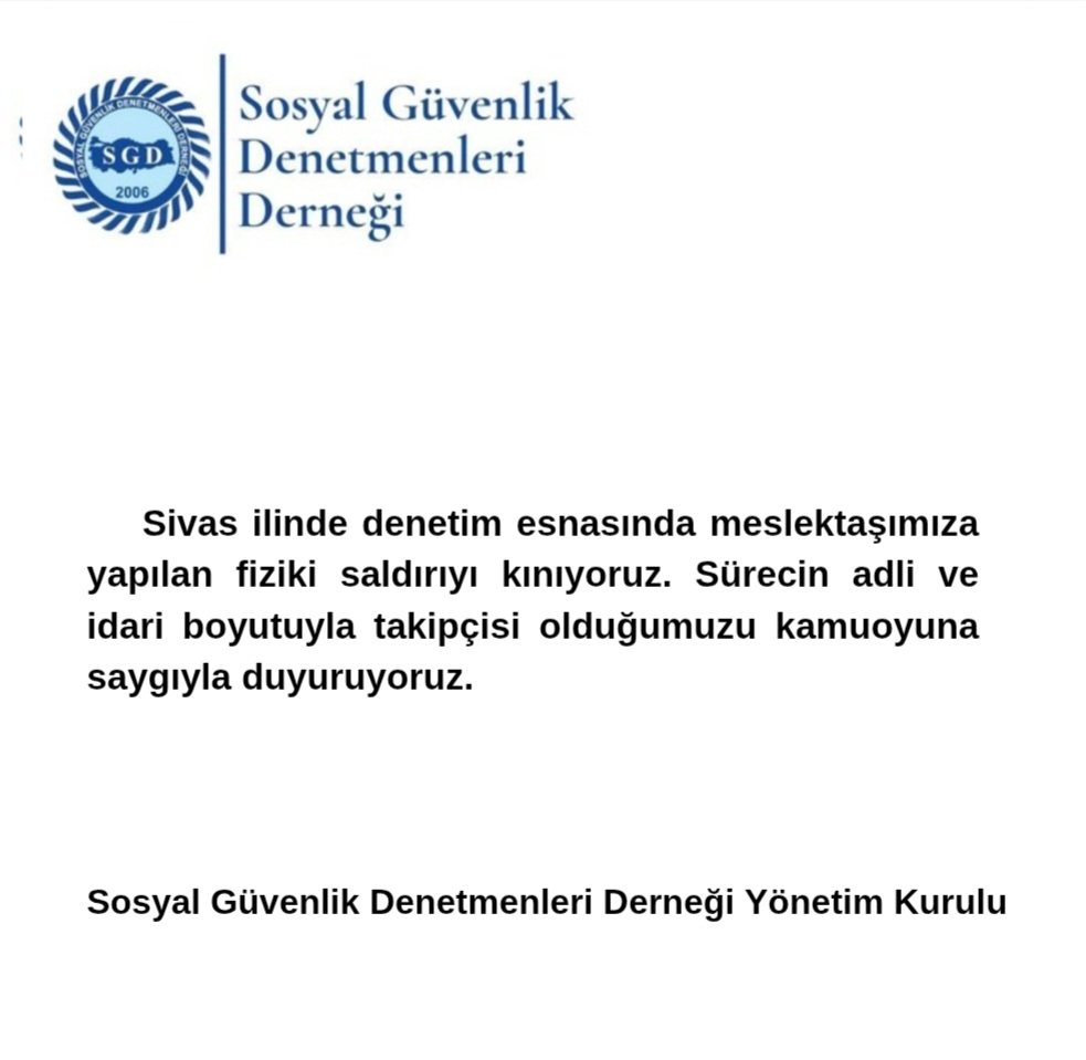 Sivas ilinde denetim esnasında meslektaşımıza yapılan fiziki saldırıyı kınıyoruz. Sürecin adli ve idari boyutuyla takipçisi olduğumuzu kamuoyuna saygıyla duyuruyoruz.
Sosyal Güvenlik Denetmenleri Derneği Yönetim Kurulu
#SosyalGüvenlikDenetmenleri