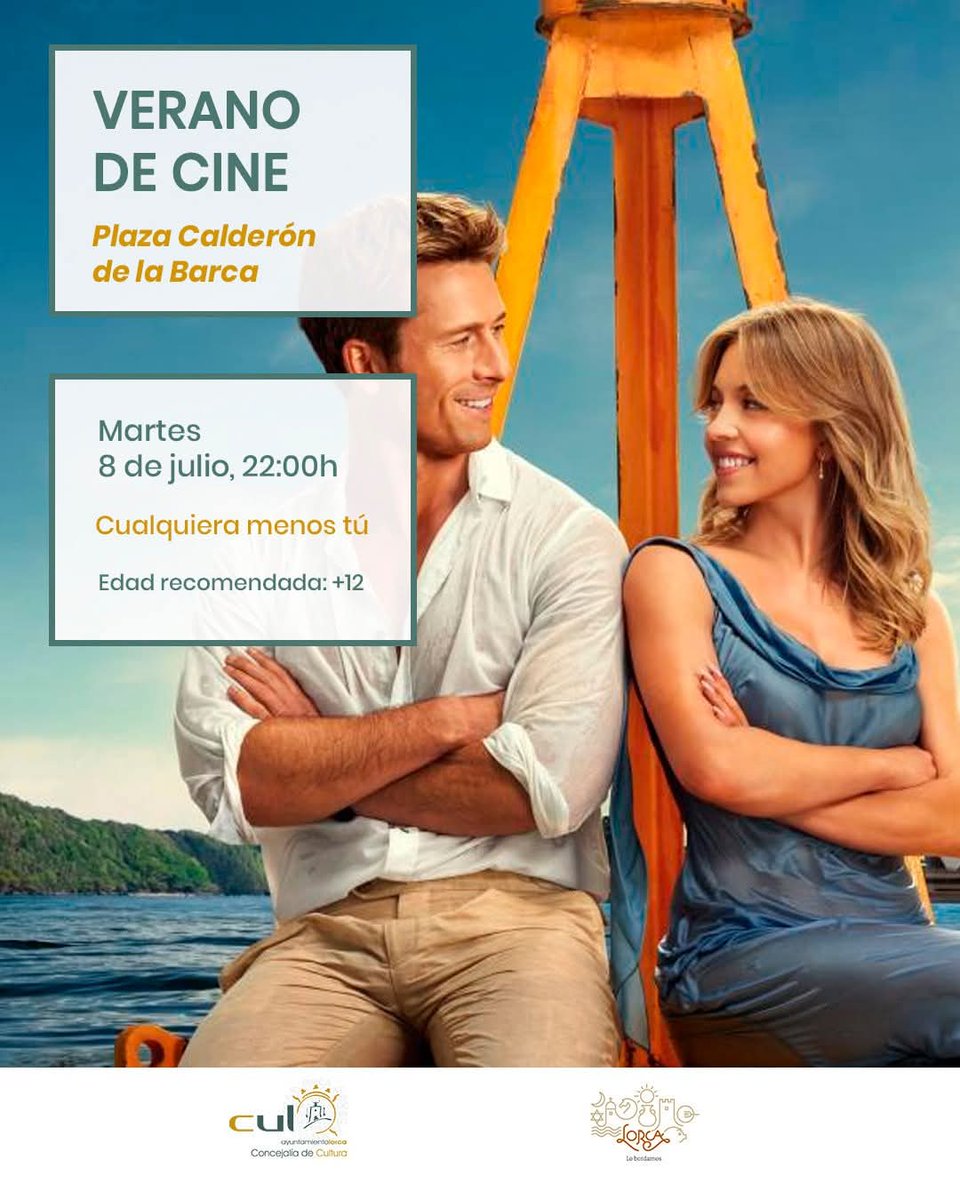 🎬 Hoy martes 📅8 de julio nueva cita con el #VeranodeCine en Plaza Calderón.

🎥 Cualquiera menos tú
🕙 22:00h
🌙 Cultura, cine y noches de verano… ¡Un plan perfecto para todos!
📍 Actividad gratuita

#VeranoEnLorca #CulturaEnLorca #CineAlAireLibre #PlazaCalderón