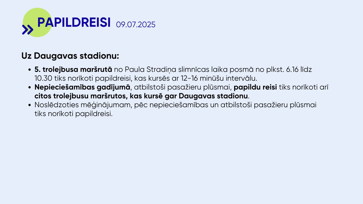 Rīt Daugavas stadionā un Mežaparka Lielajā estrādē būs mēģinājumi!
🔹 Lai nokļūtu uz Daugavas stadionu, 5. trolejbusa maršrutā no paša rīta būs papildu reisi, kas kursēs ik pēc 12 līdz 16 minūtēm. 
🔹 Uz Mežaparka Lielo estrādi dienas vidū tiks norīkoti:
– atsevišķi 3.