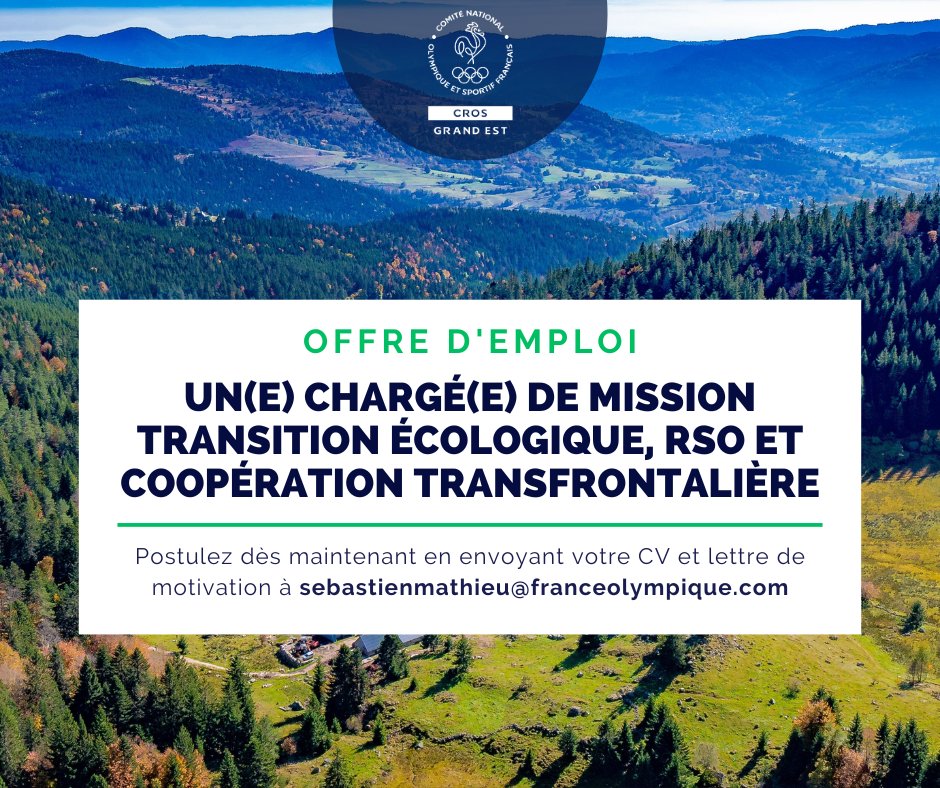 📢 Le @CROS_GrandEst recrute !
📍 Strasbourg | CDD 18 mois
🌱 Chargé·e de mission #transitionécologique, #RSO &amp; coopération transfrontalière
📅 Candidature avant le 31/07
👉 Infos &amp; offre complète : sportgrandest.eu/fr/offres-d-em…
#Emploisport #Grandest