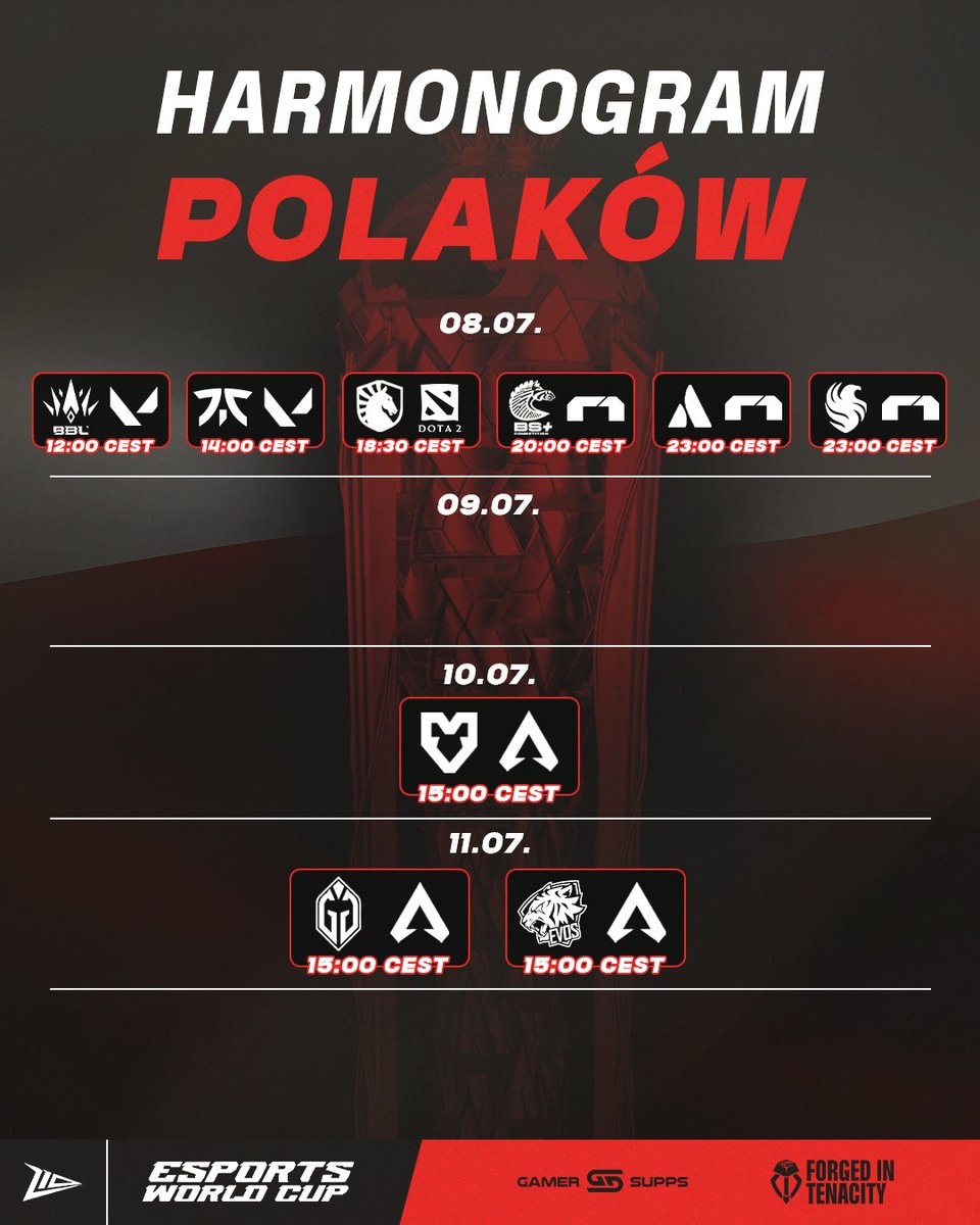 ZACZYNAMY Z PRZYTUPEM!!

Poniżej znajdziecie kalendarz występów Polaków 🇵🇱 w tym tygodniu - #VALORANT, #DOTA2, #Rennsport i #ApexLegends!!

Sprawdźcie harmonogram poniżej i śledźcie nasze konto, aby być na bieżąco!

#EWC #EWC2025 #Z10EWC