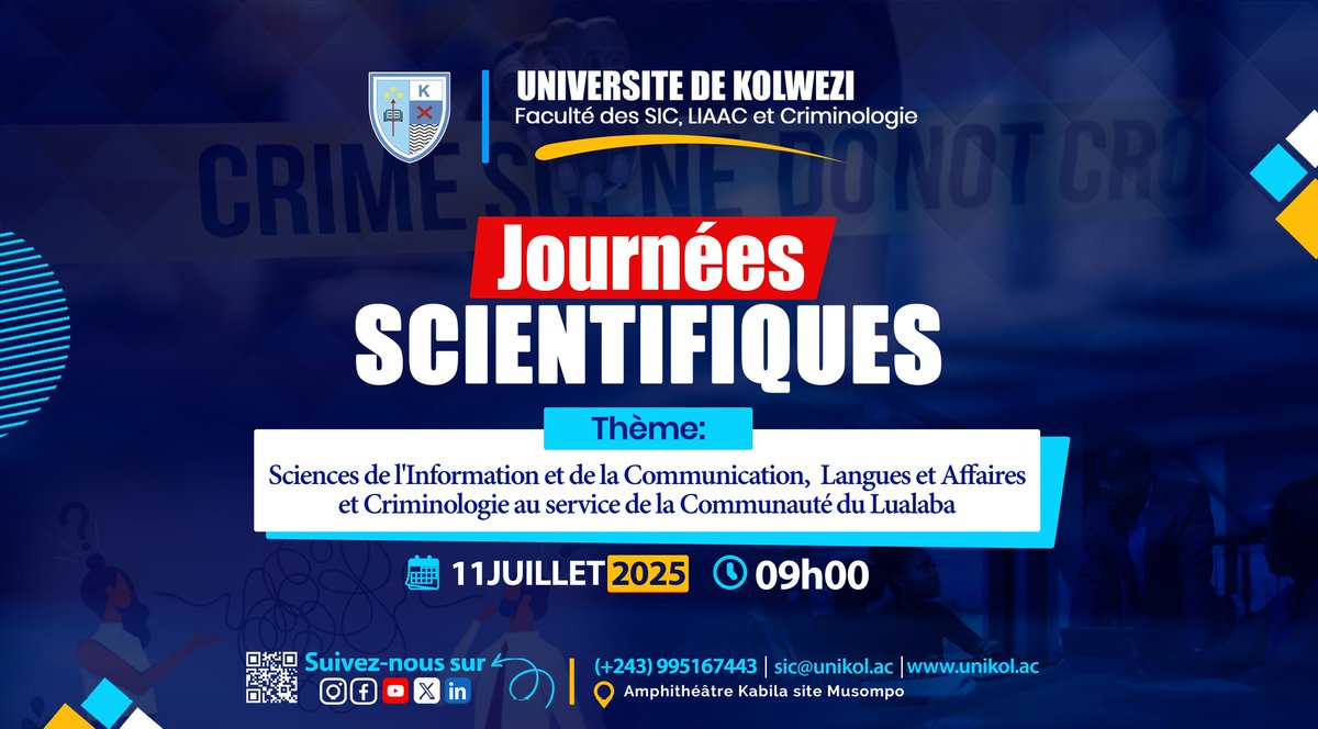 La Faculté des SIC, LIAAC et Criminologie organise des journées scientifiques autour du thème : " Sciences de l'Information et de la Communication, Langues et Affaires et Criminologie au service de la communauté du Lualaba ". 11.7.2025, à 9h00/ Musompo.

Cordiale bienvenue !