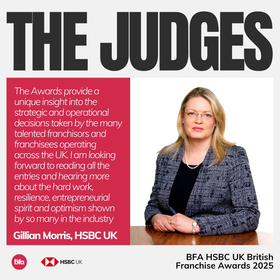 We're proud to welcome back Gillian Morris QFP, UK Head of Franchising at <a href="/HSBC_UK/">HSBC UK</a>, as a judge for this year’s awards.

Gillian brings sharp insight and deep sector knowledge to the BFA HSBC UK British Franchise Awards 2025.

🔗 ow.ly/6ypZ50WlHKE