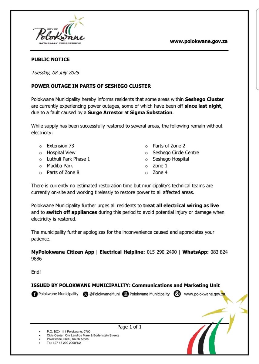 PolokwaneMuni's tweet image. Parts of Seshego Cluster still in the dark due to a surge arrestor fault at Sigma Substation.
Teams are working hard to restore power in Ext 73, Hospital View, Madiba Park, Zone 1, 2, 4, 8 and others.
Treat wires as live and unplug to stay safe.
MyPolokwane Citizen App
End