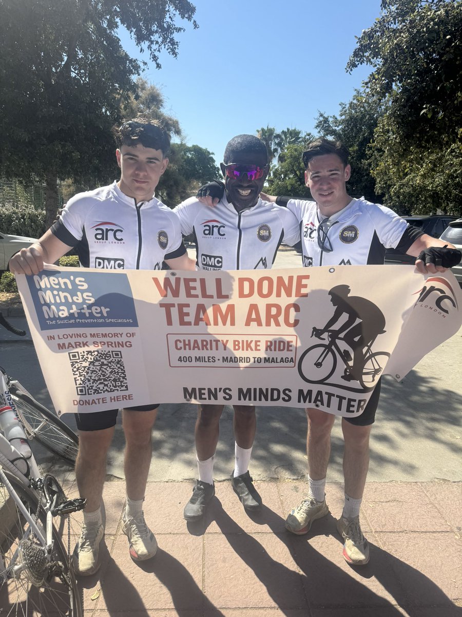 Michael Amoo-Bediako Snr (@mickey_moo) on Twitter photo We made it!!! We cycled nearly 400 miles from Madrid to Malaga in 4 days for <a href="/MensMindsMatter/">Men’s Minds Matter</a> and in memory of my good friend Mark Spring who sadly took his own life. Here at the finish line with his two sons Zak and Zane who were also on the ride. Mark would be so proud 🙏🏿💔 We made it!!! We cycled nearly 400 miles from Madrid to Malaga in 4 days for <a href="/MensMindsMatter/">Men’s Minds Matter</a> and in memory of my good friend Mark Spring who sadly took his own life. Here at the finish line with his two sons Zak and Zane who were also on the ride. Mark would be so proud 🙏🏿💔