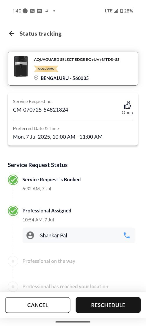 coolzsunil's tweet photo. @EurekaForbes what is the purpose of allowing to schedule appointments via app when one cannot adhere? Look at when the appointment is and when the technician has been allotted. Still no signs of engineer yet. https://t.co/P0JbCiZ367