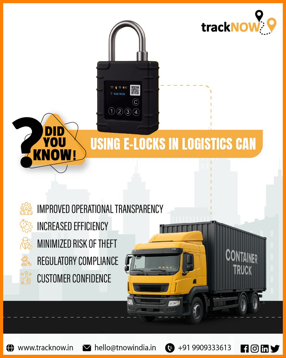 🚛🔒 Did you know? Using E-Locks in logistics ensures operational transparency, enhanced efficiency, reduced theft risk, and full regulatory compliance – boosting customer confidence every mile. Secure your fleet smartly with trackNOW’s advanced E-Lock solutions today.
