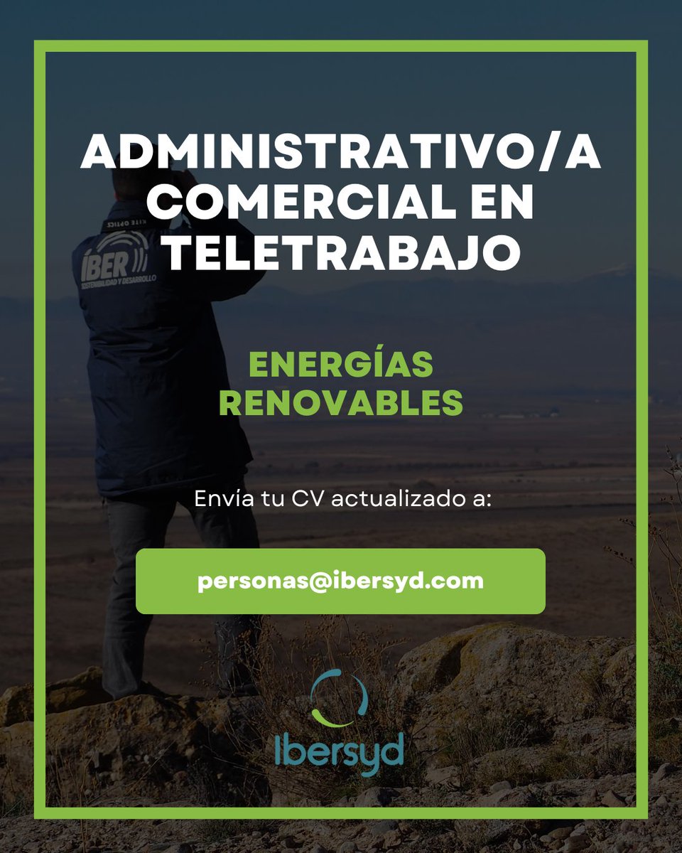 👓 ¡We are #hiring! 👓

🌿En <a href="/ibersyd/">Ibersyd</a> buscamos a un/a Administrativo/a comercial en teletrabajo para el sector de energías renovables

📩Los candidatos deberán remitir su #CV actualizado a personas@ibersyd.com

📍Para más información, accede a nuestra web: ibersyd.com/unete-ibersyd/