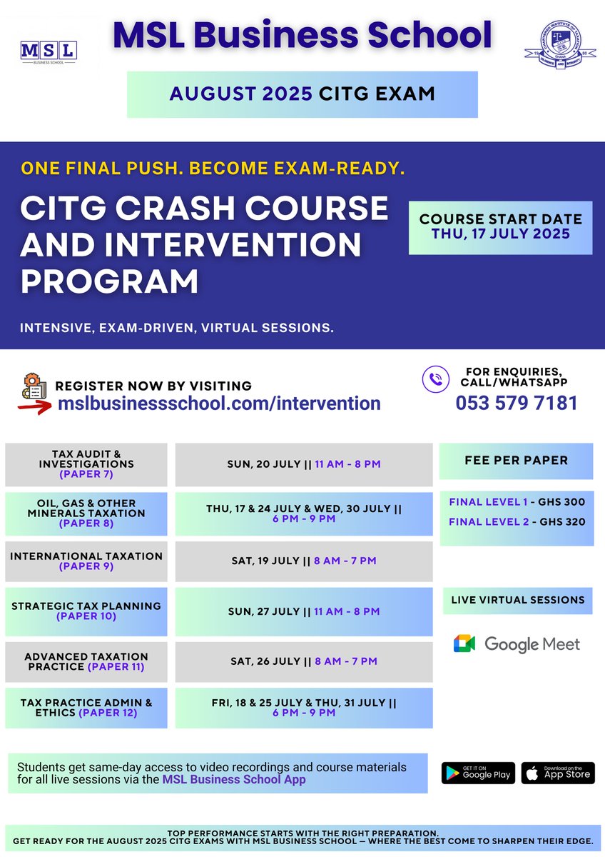 mslbusiness_sch's tweet photo. Become exam-ready with the MSL Business School Crash Course and Intervention Program for the August 2025 CITG Exam Sitting.

Join our intensive, exam-focused virtual sessions to prepare effectively and maximize your chances of passing the August 2025 CITG Exam.

📌 To register, visit https://t.co/20ROdyAScI. See the flyer below for details.

📌 For enquiries, reach us on WhatsApp: https://t.co/YCC0VMJ2dt