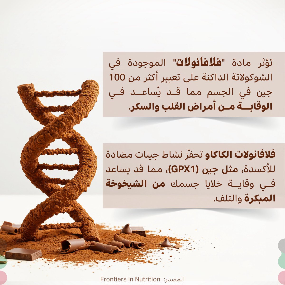 الشوكولاتة الداكنة غنية بالفلافانولات التي تؤثر إيجابياً على التعبير الجيني، إذ يحفّز نشاط أكثر من 100 جين، بينها جينات مضادة للأكسدة مثل GPX1، مما يساهم في تقليل الالتهابات، دعم صحة القلب، وحماية الخلايا من الإجهاد التأكسدي والشيخوخة المبكرة.