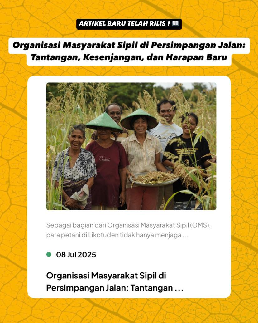 Artikel Baru Telah Rilis!

Organisasi Masyarakat Sipil di Persimpangan Jalan: Tantangan, Kesenjangan, dan Harapan Baru

Yuk Baca Selengkapnya di Link Berikut: kehati.or.id/organisasi-mas…