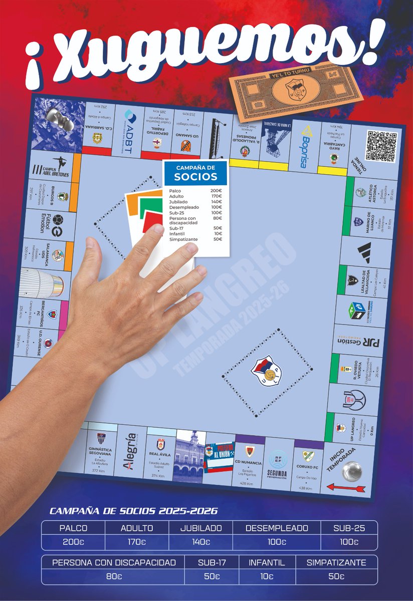𝗬𝗘'𝗟 𝗧𝗢 𝗧𝗨𝗥𝗡𝗨, ¡𝗫𝗨𝗚𝗨𝗘𝗠𝗢𝗦!

🎫Campaña de Socios 25/26

ℹ️ +info: uplangreo.es/archivos/8112

#Xuguemos 🔵🔴 
#TamosXuntosNesto