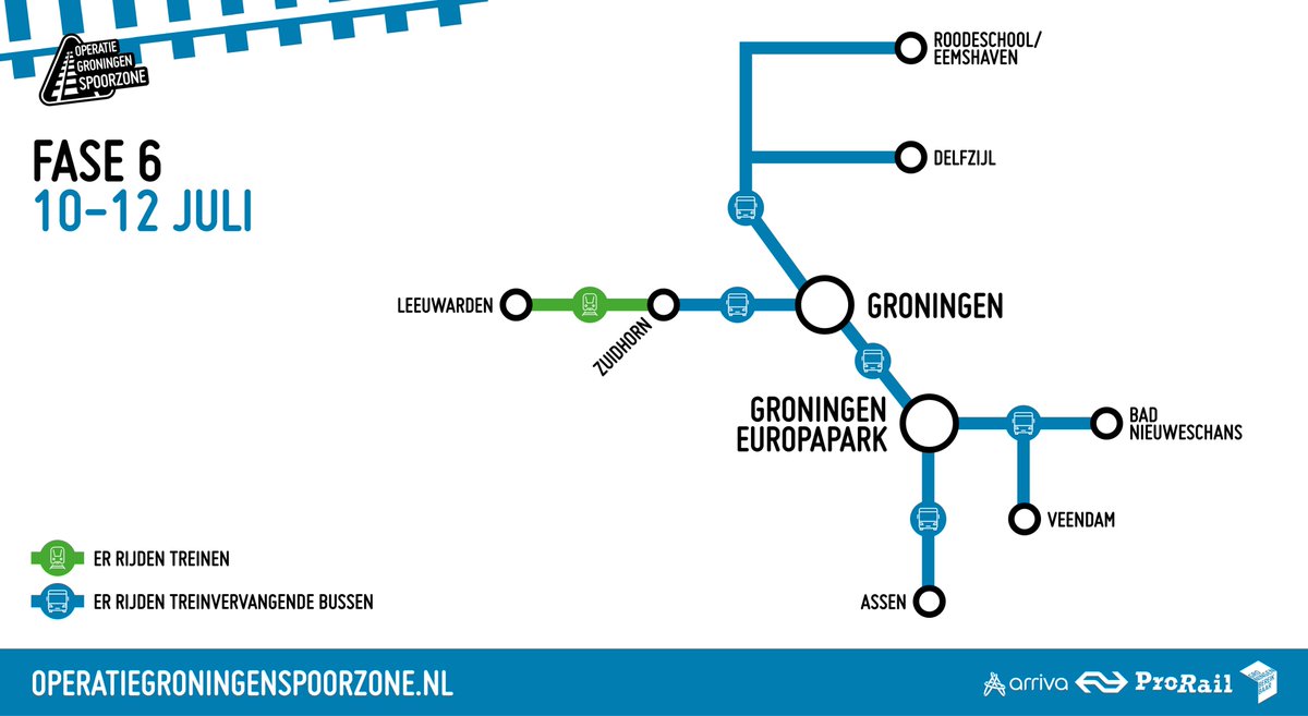 Op donderdag 10 juli start de laatste fase van Operatie Groningen Spoorzone. Tijdens deze laatste drie dagen rijden er dan ook geen treinen van en naar Groningen Europapark. 

Zondag 13 juli rijden de treinen weer. 🥳

Meer informatie:  groningenbereikbaar.nl/fase6
