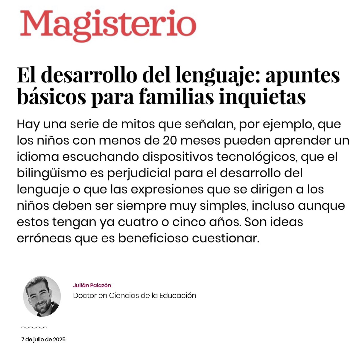 Buenos días. Dejo mi último artículo en el periódico Magisterio. Es posible leer el artículo completo a través de este enlace.

magisnet.com/2025/07/el-des…