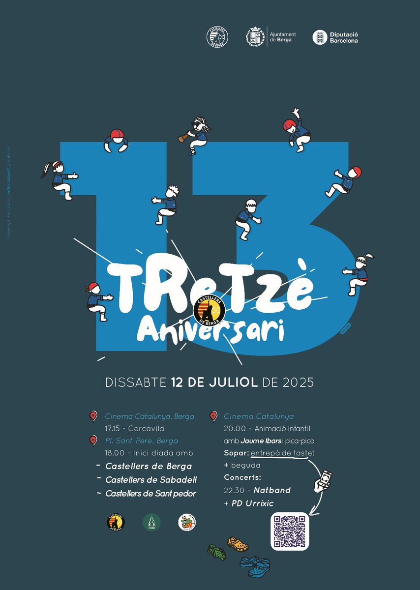 🎊12 DE JULIOL: 13È ANIVERSARI!🎊

Actuem a les 18h a la Plaça Sant Pere amb Castellers de Sabadell i Castellers de Santpedor

Després (al Cine!):
🥳 Animació infantil amb Jaume Ibars i pica-pica (20:00)
🍔 Tastet + beguda
🎸 Concerts: Natband (22:30) + PD Urrixic

✍️ @ilusruben