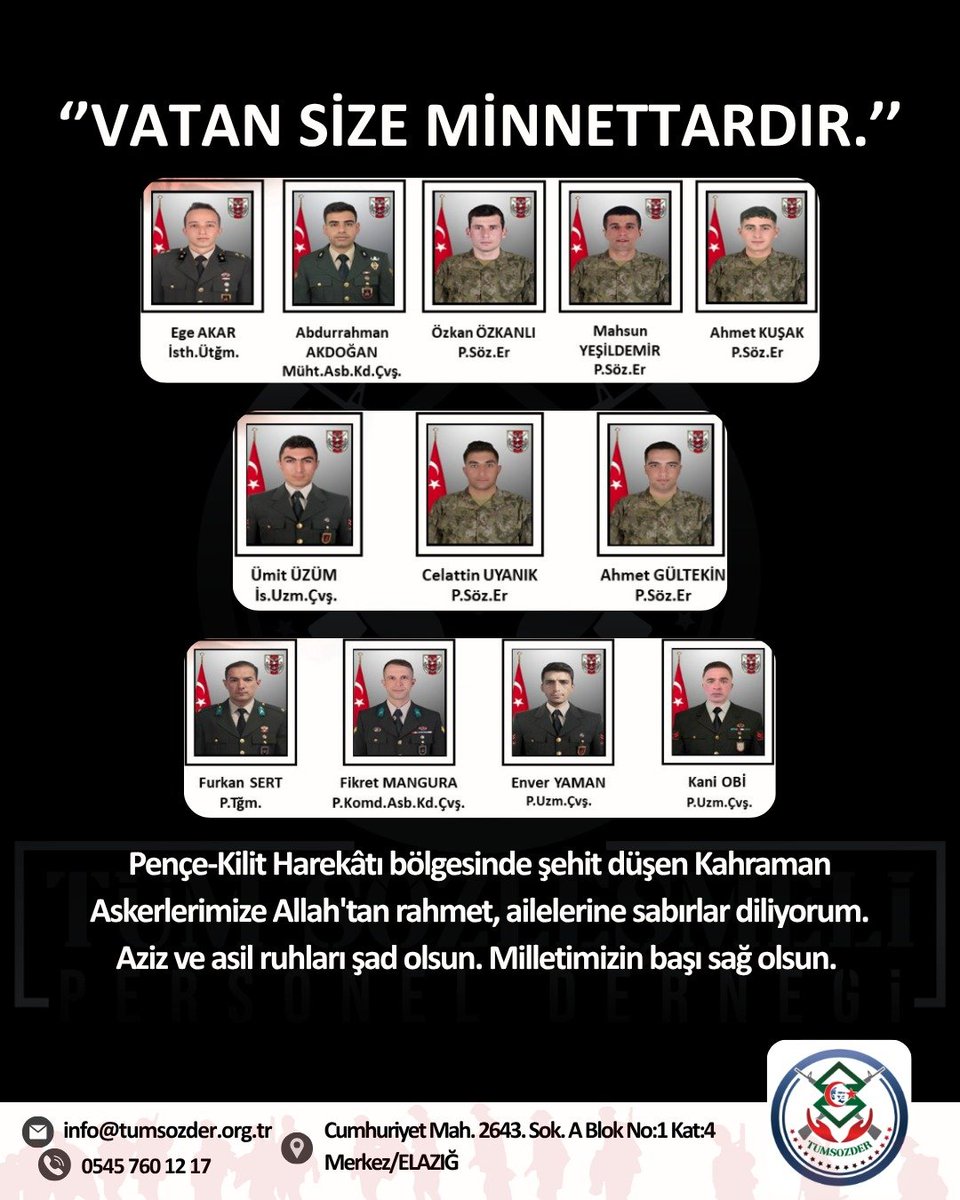 Pençe-Kilit Harekâtı bölgesinde şehit düşen Kahraman Askerlerimize Allah'tan rahmet, ailelerine sabırlar diliyorum. 

Aziz ve asil ruhları şad olsun. Milletimizin başı sağ olsun. 🇹🇷

#pencekilit #SehidinVarTürkiye