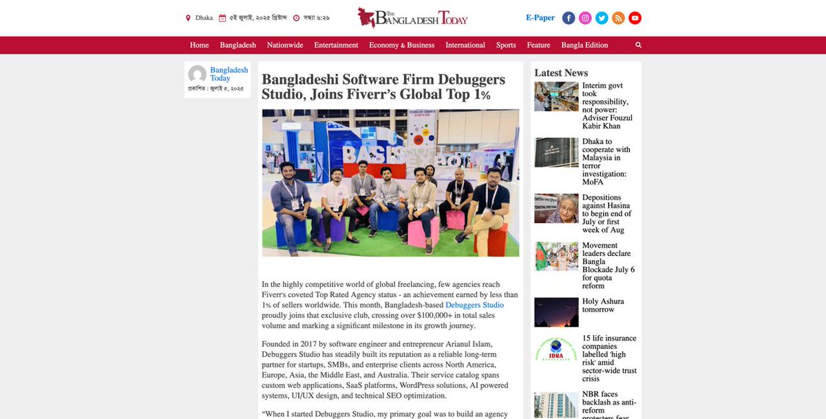 IslamArianul's tweet photo. Debugger Studio has officially joined Fiverr’s Top Rated Agency Club, placing us in the top 1% of agencies globally for website design and development.
Debugger Studio Featured in The Bangladesh Today.
https://t.co/ob5Lql03Oe https://t.co/iZTyjCzZe6