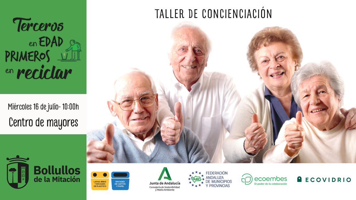 🌿 Taller de concienciación “Terceros en edad, primeros en reciclar”

♻️ Las personas mayores pueden asistir acompañadas de sus nietos y nietas, promoviendo así la transmisión de valores sostenibles entre generaciones. t.ly/vIn0Y

#BollullosPorElMedioAmbiente