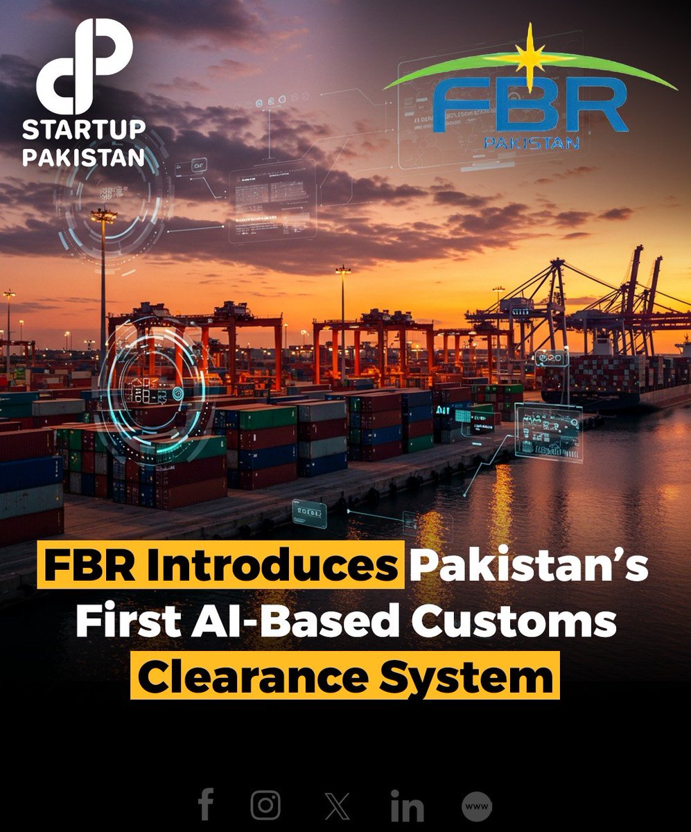 PakStartup's tweet photo. Pakistan’s FBR has launched the country’s first AI-powered Customs Clearance and Risk Management System (RMS), aiming to boost transparency, reduce human intervention, and streamline trade. 

#FBRReforms #AIPoweredCustoms #PakistanTrade #ShehbazSharif #DigitalPakistan https://t.co/XA1Rw5IK0L