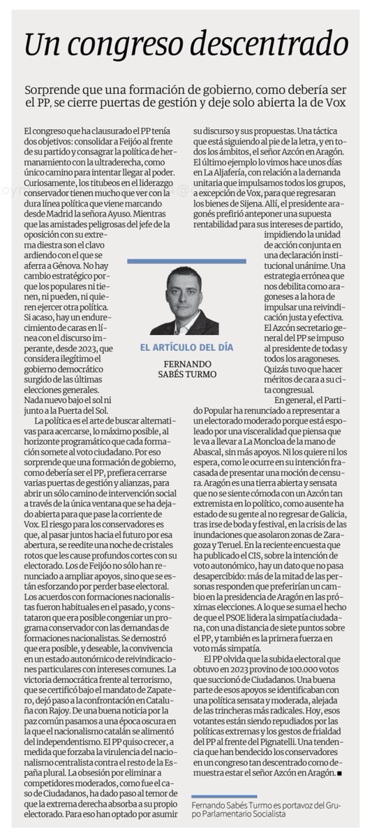 PSOE Aragón (@aragonpsoe) on Twitter photo ¡Buenos días! 🌤️
📄 Compartimos este artículo de nuestro portavoz en las Cortes de Aragón, <a href="/fsabes/">Fernando Sabés</a>:
✍️ "Sorprende que una formación de gobierno, como debería ser el PP, prefiera cerrarse varias puertas de gestión para abrir un sólo con Vox"
👉 elperiodicodearagon.com/opinion/2025/0… ¡Buenos días! 🌤️
📄 Compartimos este artículo de nuestro portavoz en las Cortes de Aragón, <a href="/fsabes/">Fernando Sabés</a>:
✍️ "Sorprende que una formación de gobierno, como debería ser el PP, prefiera cerrarse varias puertas de gestión para abrir un sólo con Vox"
👉 elperiodicodearagon.com/opinion/2025/0…