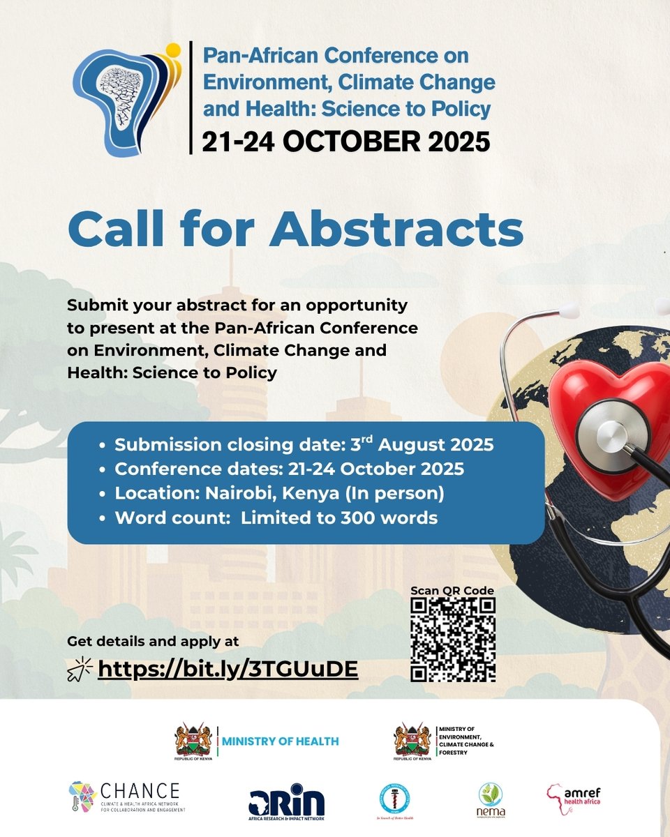 CALL FOR ABSTRACTS: Pan-African Conference on Environment, Climate Change and Health: Science to Policy to be held in Nairobi from 21-24 October, 2025. 

Submit your abstract by 3rd August, 2025 at: bit.ly/3TGUuDE 

#ECHAfrica25 #ScienceToPolicy #EnviClimaHealth