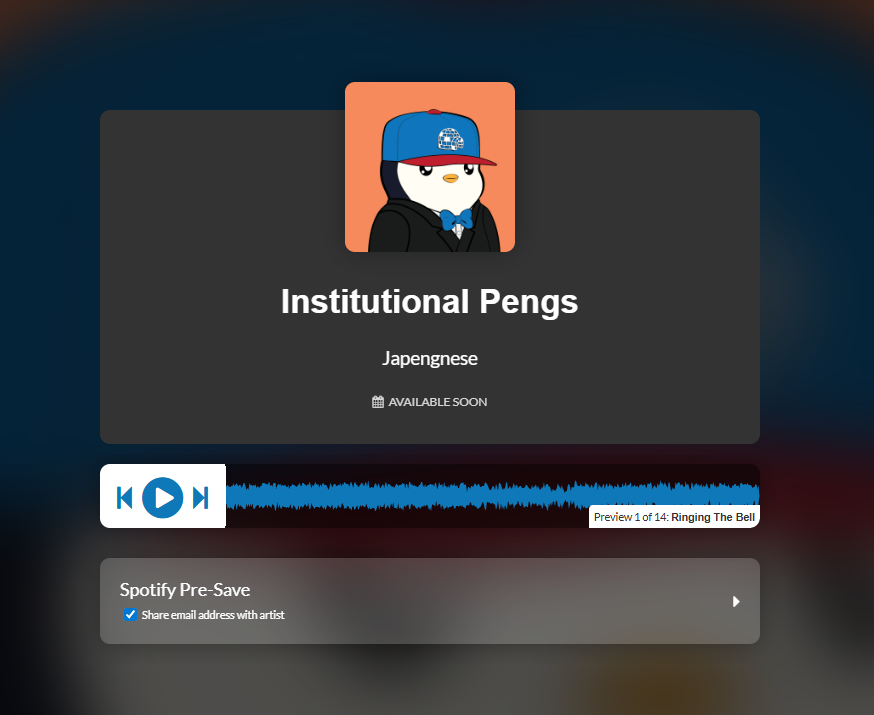 Im happy to announce that the 2nd album "INSTITUTIONAL PENGS" will soon be available on Spotify

The suits have arrived and we are entering the age of institutional onboarding. The perfect cover for this new era, lookin fly in a suit is <a href="/therealjayzon/">Jayzon</a> #4314. Appreciate you