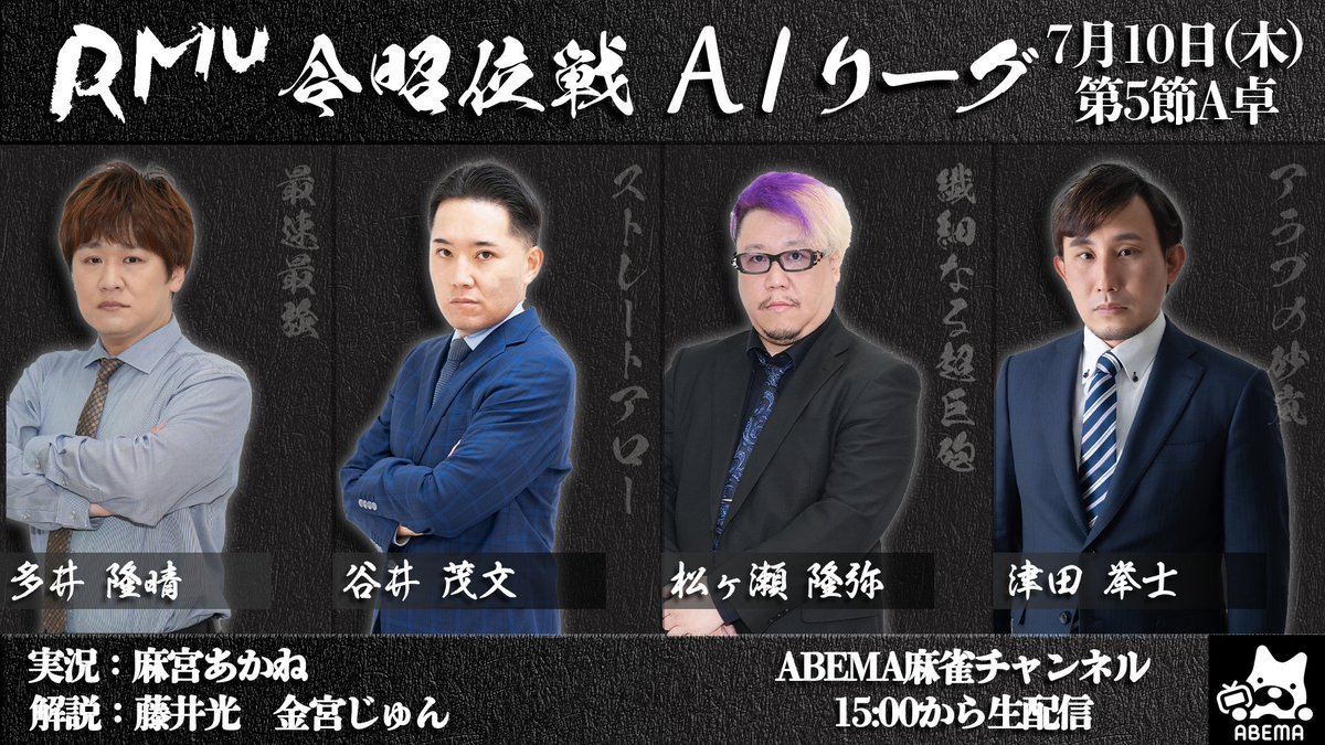 🌟第17期令昭位戦A1リーグ🌟

／
明日‼️7月10日(木)15:00〜
生放送📺⚡️
🚨A1リーグ第5節A卓🚨
＼

🐝ABEMA麻雀チャンネル🐝
abema.tv/channels/mahjo…

🀄麻雀プロ団体LIVEチャンネル🀄
☺️ニコニコ生放送
live.nicovideo.jp/watch/lv348141…
▶️OPENREC
openrec.tv/live/6oz3xwqqy…
🟥YouTube
youtube.com/live/Arsh50z5h…