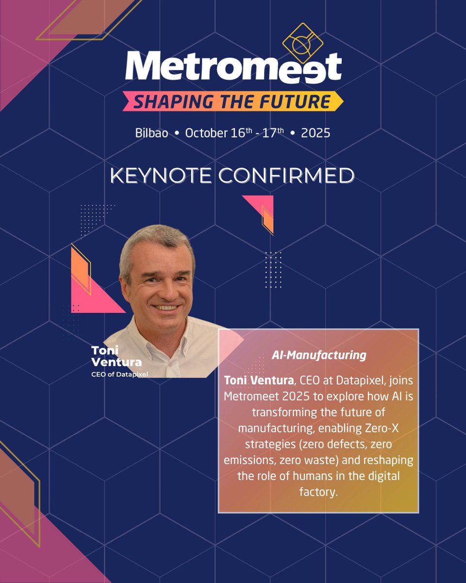 🚀 Kicking off Metromeet 2025!

We’re thrilled to announce our first confirmed speaker:

👉 Toni Ventura, CEO of Datapixel, will share insights on the key role of AI in the digital factory of the future.

📍 October 16–17 | Bilbao | Palacio Euskalduna