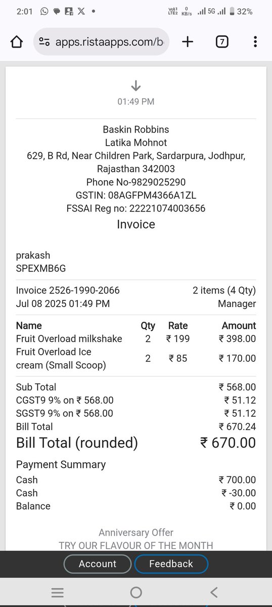 Prakash5332's tweet photo. Juice &amp; Shake ke naam pe pani bill Rich wala #BaskinRobbins https://t.co/ELtoqUfGil