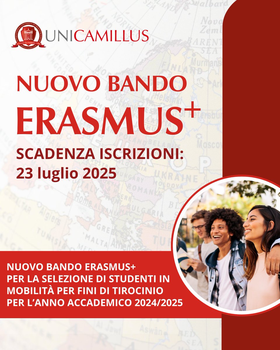 🌍 Nuovo Bando Erasmus+ #UniCamillus per tirocinio estivo 2024/25!

🇬🇧 #Erasmus+ Call for Applications for student mobility for traineeship purposes for the Academic Year 2024/2025.

⏳ Scadenza: 23 luglio
➡️  unicamillus.org/studenti/scamb…

#UniCamillus #traineeship <a href="/EUErasmusPlus/">Erasmus+</a>