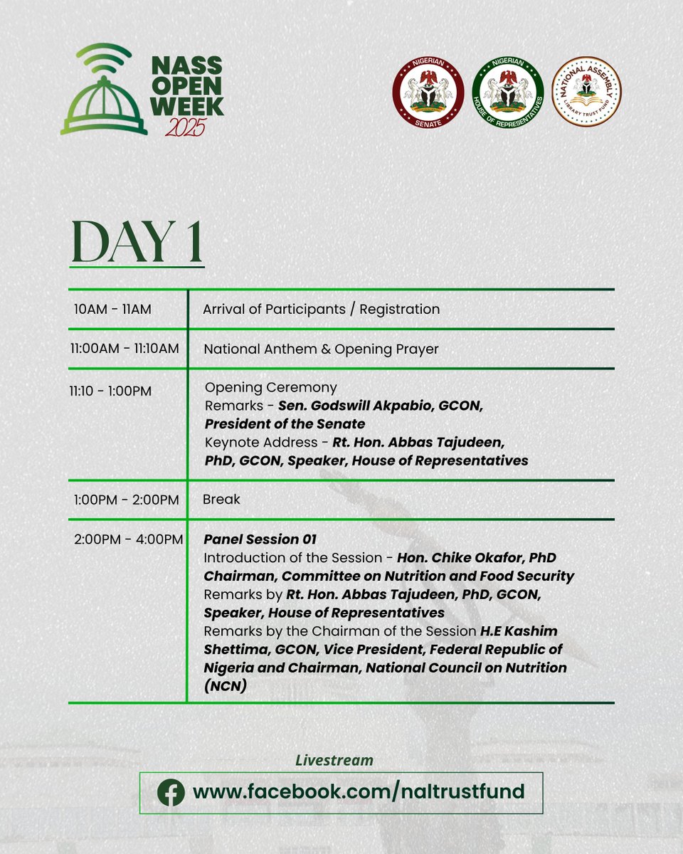 Day 1 at the #NASSOpenWeek2025 kicks off this morning with the Opening Ceremony in the Green Chamber of the National Assembly. The Ceremony will feature goodwill messages from Rt. Hon. Henry Nwawuba, Executive Secretary of the National Assembly Library Trust Fund, Richard