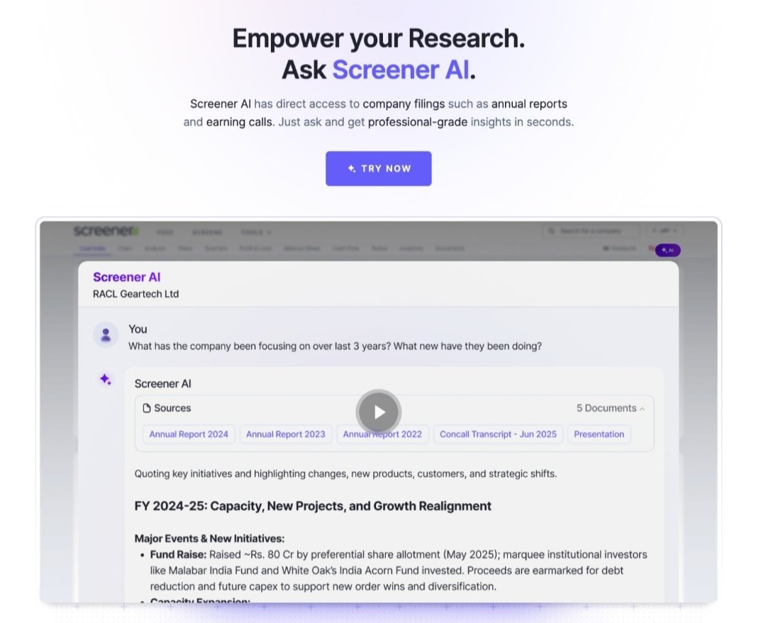 Yogansh Jeswani, CFA (@yoganshjeswani) on Twitter photo A big day for Screener.in — our new AI tool is live!
Experience it yourself and see what it can do. This is a big leap & I’m super excited! 😊
More power to you Bhaiya <a href="/faltoo/">Pratyush Mittal</a> <a href="/ayushmitt/">Ayush Mittal</a>
#screener
#AI A big day for Screener.in — our new AI tool is live!
Experience it yourself and see what it can do. This is a big leap & I’m super excited! 😊
More power to you Bhaiya <a href="/faltoo/">Pratyush Mittal</a> <a href="/ayushmitt/">Ayush Mittal</a>
#screener
#AI