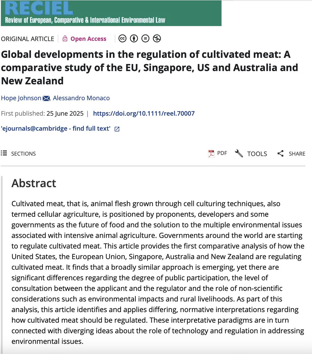 RECIELjournal's tweet image. Cultivated meat is on the rise, but how are regulators responding? 

This new article by Hope Johnson and Alessandro Monaco compares legal approaches across five jurisdictions, revealing divergent views on risk, innovation, and public participation.

doi.org/10.1111/reel.7…