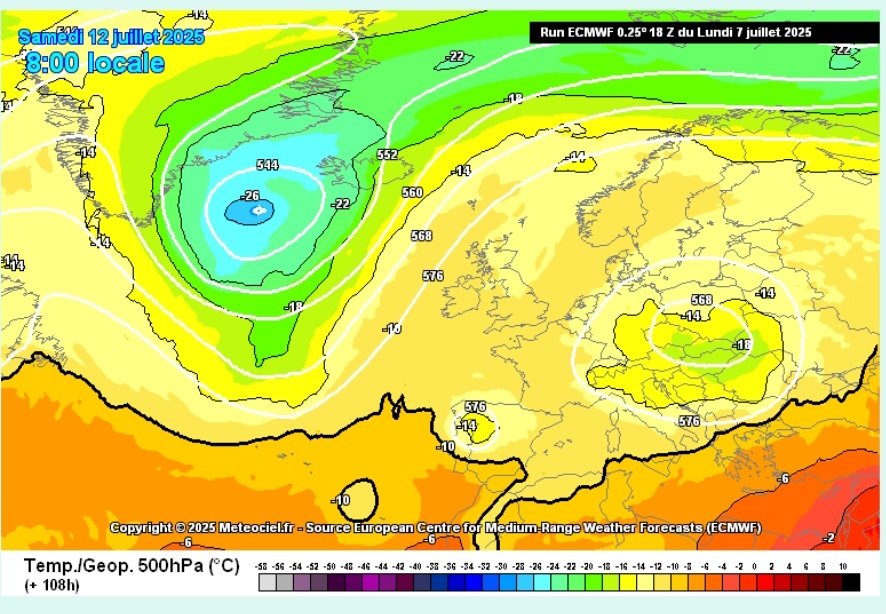 Molt atents ‼️ 
Una bossa d'aire fred en alçada  creuarà la Península entre els dies 11 i 13 de juliol ,  si s'acaba complint aquest escenari, donarà lloc a un important episodi de tempestes fortes amb fenòmens adversos.
Ho anirem seguint 🤔⁉️ 
Mapa de temperatures a 5500m -14°c