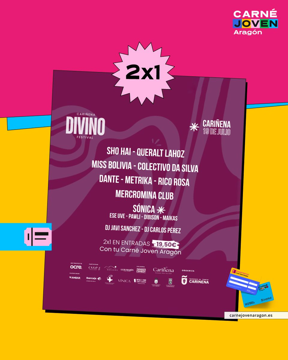 Promo 2x1 para El Divino Festival 2025 con Carné Joven 

📍  Cariñena (Zaragoza)
📅  El 19 de julio

🎶 El Divino Festival se viene con un cartelazo: 🔊 Sho-Hai, Queralt Lahoz, Miss Bolivia,..

👉 Más información en carnejovenaragon.es

#ElDivinoFestival #CarnéJoven #Cariñena