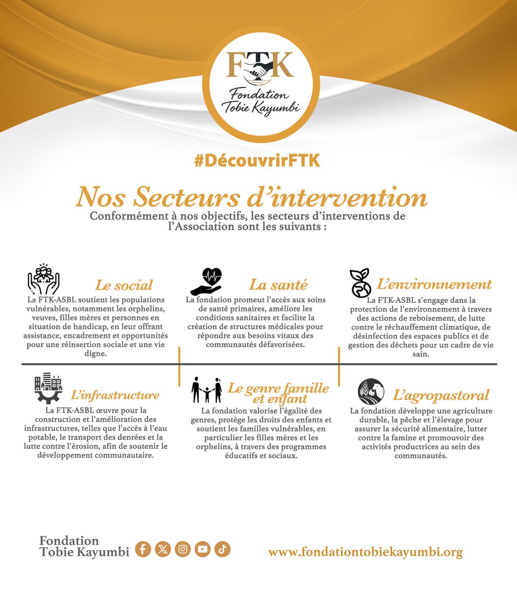 Fondation Tobie Kayumbi (@ftkasbl) on Twitter photo 𝐃𝐞́𝐜𝐨𝐮𝐯𝐫𝐞𝐳 𝐥𝐞𝐬 𝐬𝐞𝐜𝐭𝐞𝐮𝐫𝐬 𝐝’𝐢𝐧𝐭𝐞𝐫𝐯𝐞𝐧𝐭𝐢𝐨𝐧 𝐝𝐞 𝐥𝐚 𝐅𝐨𝐧𝐝𝐚𝐭𝐢𝐨𝐧 𝐓𝐨𝐛𝐢𝐞 𝐊𝐚𝐲𝐮𝐦𝐛𝐢 (𝐅𝐓𝐊-𝐀𝐒𝐁𝐋) !
Fondée par <a href="/Tobie_Kayumbi/">TOBIE KAYUMBI</a> , la FTK-ASBL agit avec Justice, Vérité, Amour pour transformer la RDC. Nos secteurs d’action : 𝐃𝐞́𝐜𝐨𝐮𝐯𝐫𝐞𝐳 𝐥𝐞𝐬 𝐬𝐞𝐜𝐭𝐞𝐮𝐫𝐬 𝐝’𝐢𝐧𝐭𝐞𝐫𝐯𝐞𝐧𝐭𝐢𝐨𝐧 𝐝𝐞 𝐥𝐚 𝐅𝐨𝐧𝐝𝐚𝐭𝐢𝐨𝐧 𝐓𝐨𝐛𝐢𝐞 𝐊𝐚𝐲𝐮𝐦𝐛𝐢 (𝐅𝐓𝐊-𝐀𝐒𝐁𝐋) !
Fondée par <a href="/Tobie_Kayumbi/">TOBIE KAYUMBI</a> , la FTK-ASBL agit avec Justice, Vérité, Amour pour transformer la RDC. Nos secteurs d’action :