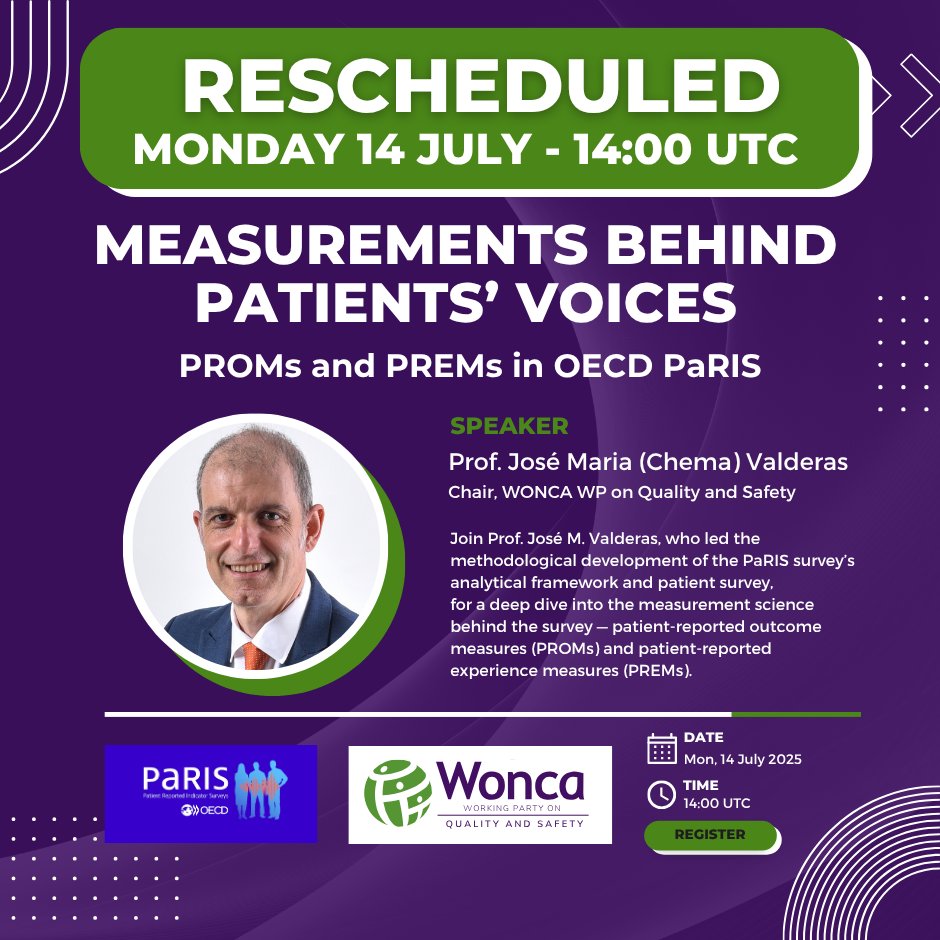 WONCA (@woncaworld) on Twitter photo 📣 RESCHEDULED: Final PaRIS webinar now on Mon 14 July, 14:00 UTC.
Join <a href="/josemvalderas/">Jose M Valderas</a> from <a href="/WONCA_QSafety/">WONCA Working Party on Quality and Safety</a> to explore the science behind PROMs & PREMs in <a href="/OECD/">OECD ➡️ Better Policies for Better Lives</a>'s landmark survey.
🔗 tinyurl.com/oecd-paris3
🕒 LA 7AM | NYC 10AM | LDN 3PM | JHB 4PM | DEL 6:30PM | SGP 10PM 📣 RESCHEDULED: Final PaRIS webinar now on Mon 14 July, 14:00 UTC.
Join <a href="/josemvalderas/">Jose M Valderas</a> from <a href="/WONCA_QSafety/">WONCA Working Party on Quality and Safety</a> to explore the science behind PROMs & PREMs in <a href="/OECD/">OECD ➡️ Better Policies for Better Lives</a>'s landmark survey.
🔗 tinyurl.com/oecd-paris3
🕒 LA 7AM | NYC 10AM | LDN 3PM | JHB 4PM | DEL 6:30PM | SGP 10PM