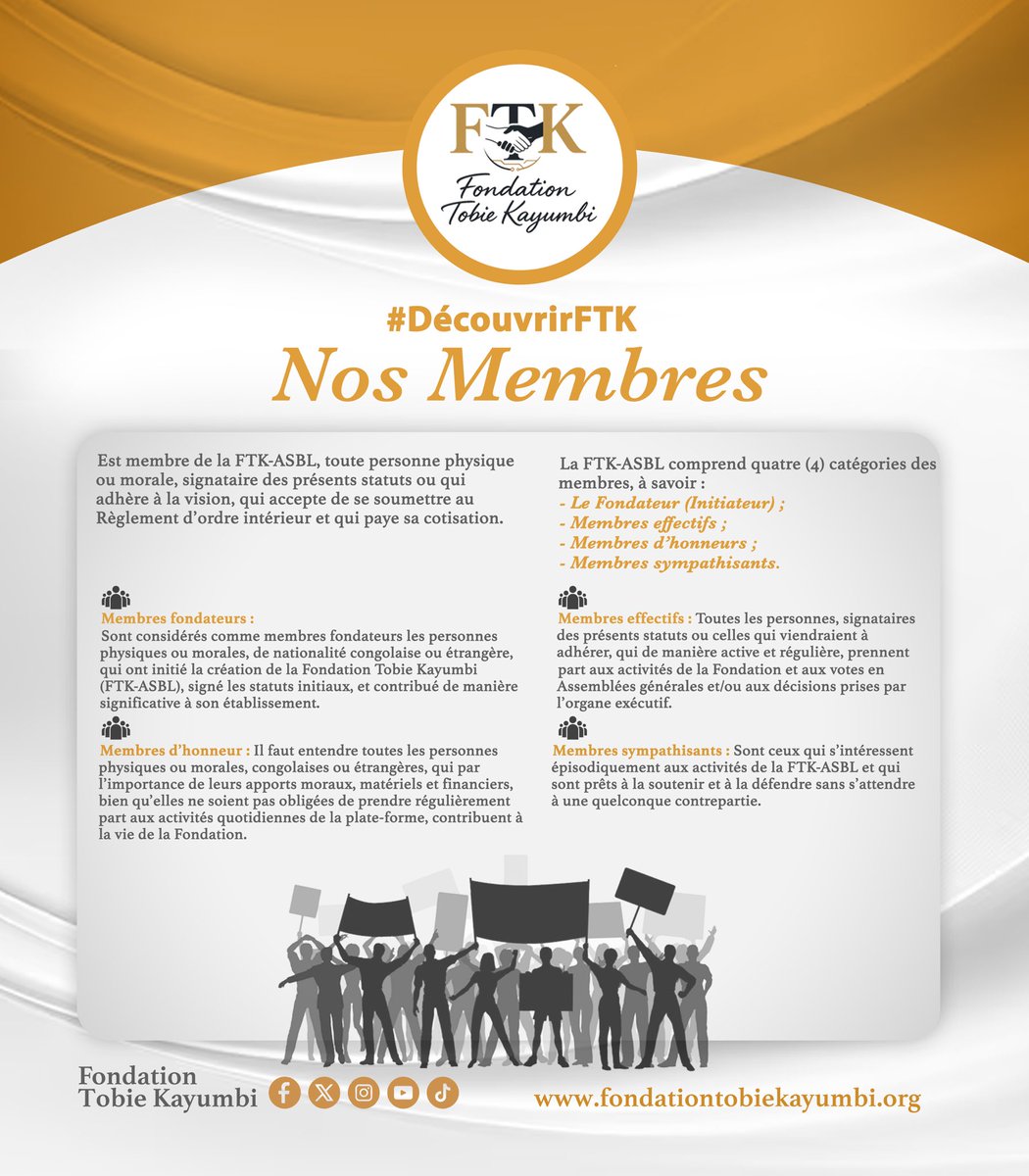 Fondation Tobie Kayumbi (@ftkasbl) on Twitter photo 𝐃𝐞́𝐜𝐨𝐮𝐯𝐫𝐞𝐳 𝐥𝐞𝐬 𝐦𝐞𝐦𝐛𝐫𝐞𝐬 𝐪𝐮𝐢 𝐟𝐨𝐧𝐭 𝐯𝐢𝐯𝐫𝐞 𝐥𝐚 𝐅𝐨𝐧𝐝𝐚𝐭𝐢𝐨𝐧 𝐓𝐨𝐛𝐢𝐞 𝐊𝐚𝐲𝐮𝐦𝐛𝐢 (𝐅𝐓𝐊-𝐀𝐒𝐁𝐋) !
Portée par l’Honorable <a href="/Tobie_Kayumbi/">TOBIE KAYUMBI</a> et guidée par Justice, Vérité, Amour, la FTK-ASBL repose sur l’engagement de ses membres : 𝐃𝐞́𝐜𝐨𝐮𝐯𝐫𝐞𝐳 𝐥𝐞𝐬 𝐦𝐞𝐦𝐛𝐫𝐞𝐬 𝐪𝐮𝐢 𝐟𝐨𝐧𝐭 𝐯𝐢𝐯𝐫𝐞 𝐥𝐚 𝐅𝐨𝐧𝐝𝐚𝐭𝐢𝐨𝐧 𝐓𝐨𝐛𝐢𝐞 𝐊𝐚𝐲𝐮𝐦𝐛𝐢 (𝐅𝐓𝐊-𝐀𝐒𝐁𝐋) !
Portée par l’Honorable <a href="/Tobie_Kayumbi/">TOBIE KAYUMBI</a> et guidée par Justice, Vérité, Amour, la FTK-ASBL repose sur l’engagement de ses membres :