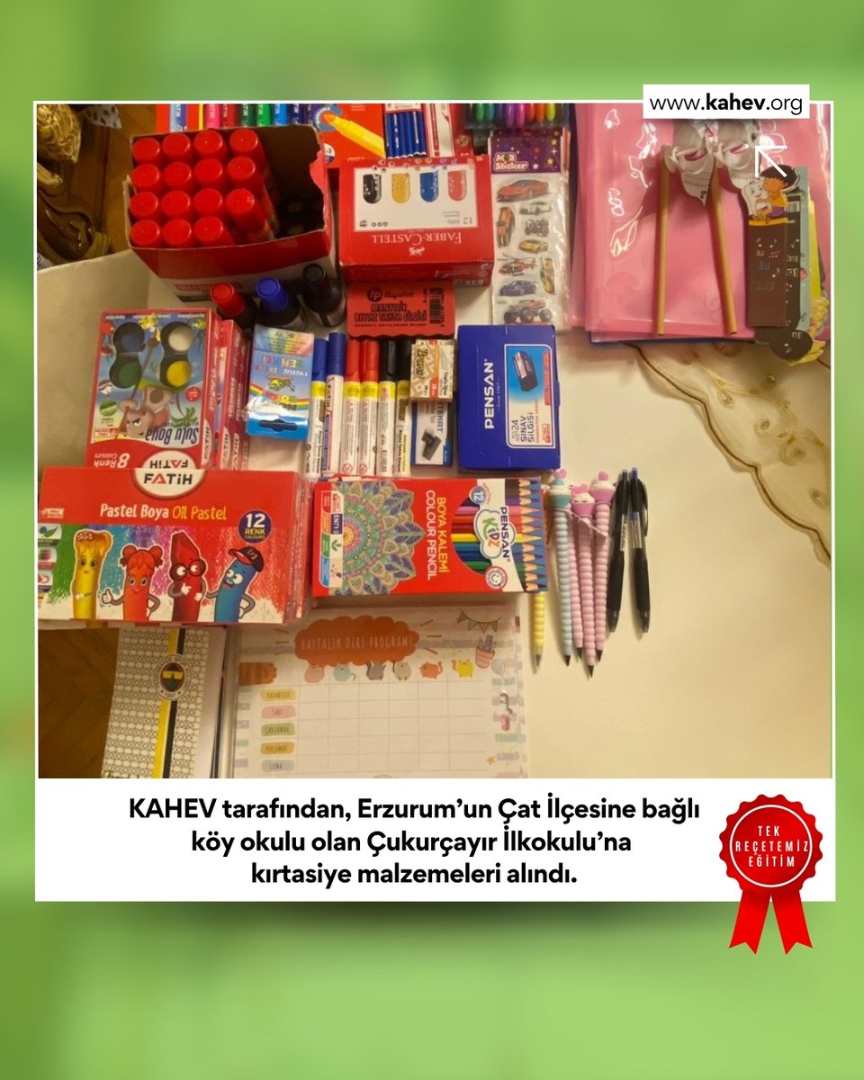 KAHEV tarafından, Erzurum’un Çat İlçesine bağlı köy okulu olan Çukurçayır İlkokulu’na
kırtasiye malzemeleri alındı.