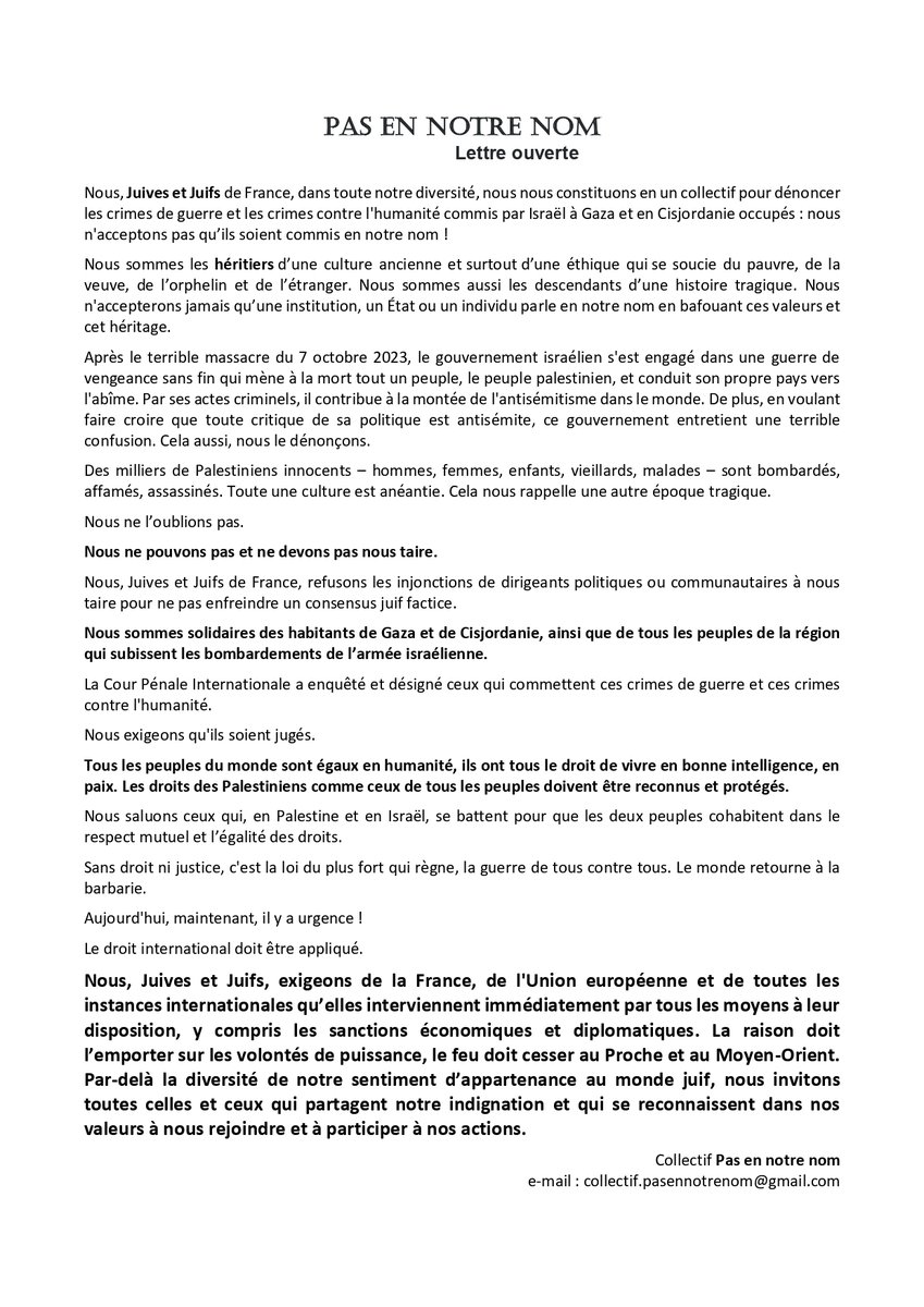 PasEnNotreNomFr's tweet image. Nous, juives en juifs de France, dénonçons les crimes commis par l'Etat d'Israël à Gaza et en Cisjordanie. Pour signer cette lettre, merci d'envoyer un mail à collectif.pasennotrenom@gmail.com