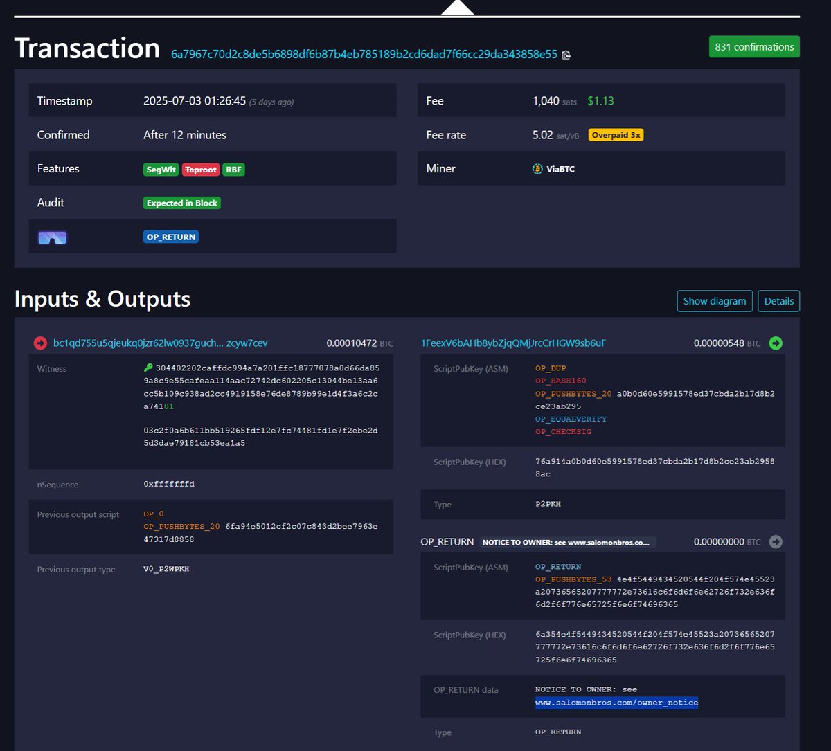 There appears to be an ongoing Bitcoin scam occurring. Someone is sending  old 2011 era Bitcoin addresses with balances, transactions with an  OP_Return output. For instance the 1Feex… address, with c80,000 BTC