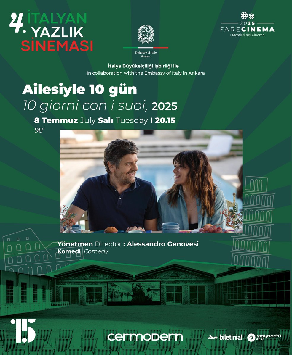 Açık Hava Film Gösterimi: Ailesiyle 10 gün / When Mom is Away... with the In-Laws
98’
8 Temmuz Salı 20.15

İtalya Büyükelçiliği işbirliği ile. <a href="/ItalyinTurkey/">İtalya</a> 

Film İtalyanca dilinde Türkçe ve İngilizce altyazılıdır.