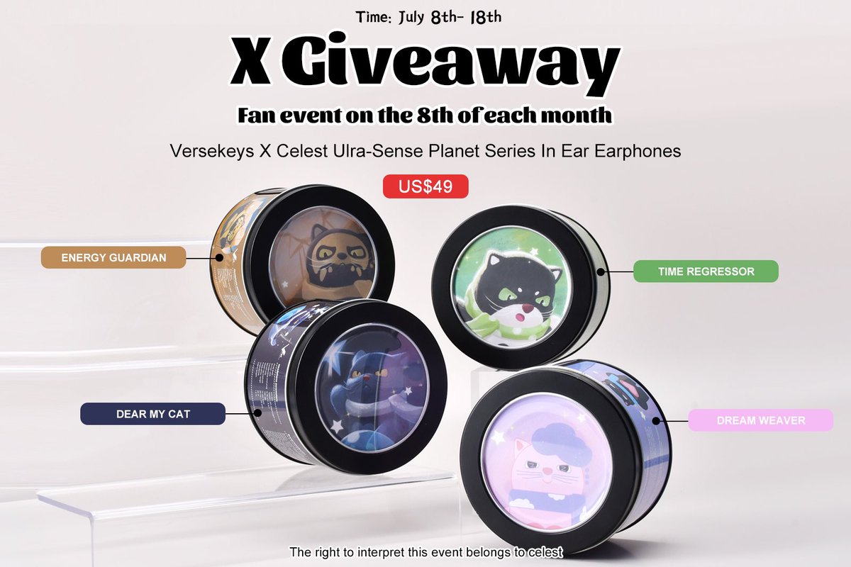 AudioCeles26369's tweet image. Celest's fan event day on the 8th of every month has begun🔥
Currently, Celest &amp;amp; Versekeys Dear My Cat Series Blind Box is on sale!
Details: aliexpress.com/item/100500921…
🎁 This giveaway prize: Versekeys X Celest Ultra sense Planet series in-ear headphones (random color) *1

📝 How to…