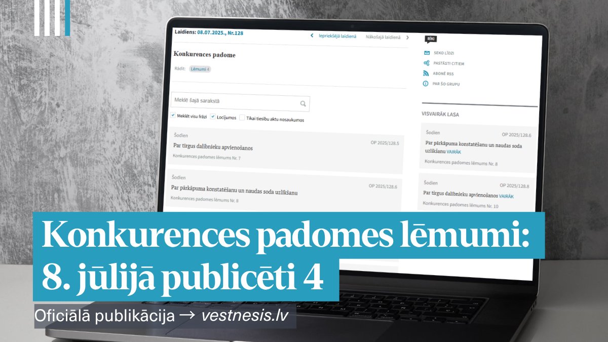 Šodien "Latvijas Vēstnesī" četri <a href="/KPgovLV/">Konkurences padome</a>
lēmumi: trīs par tirgus dalībnieku apvienošanos un viens par pārkāpumu konstatēšanu un naudas soda uzlikšanu.

🔗Oficiālās publikācijas: vestnesis.lv/ta/iestades/ko…

#Konkurence #Ekonomika