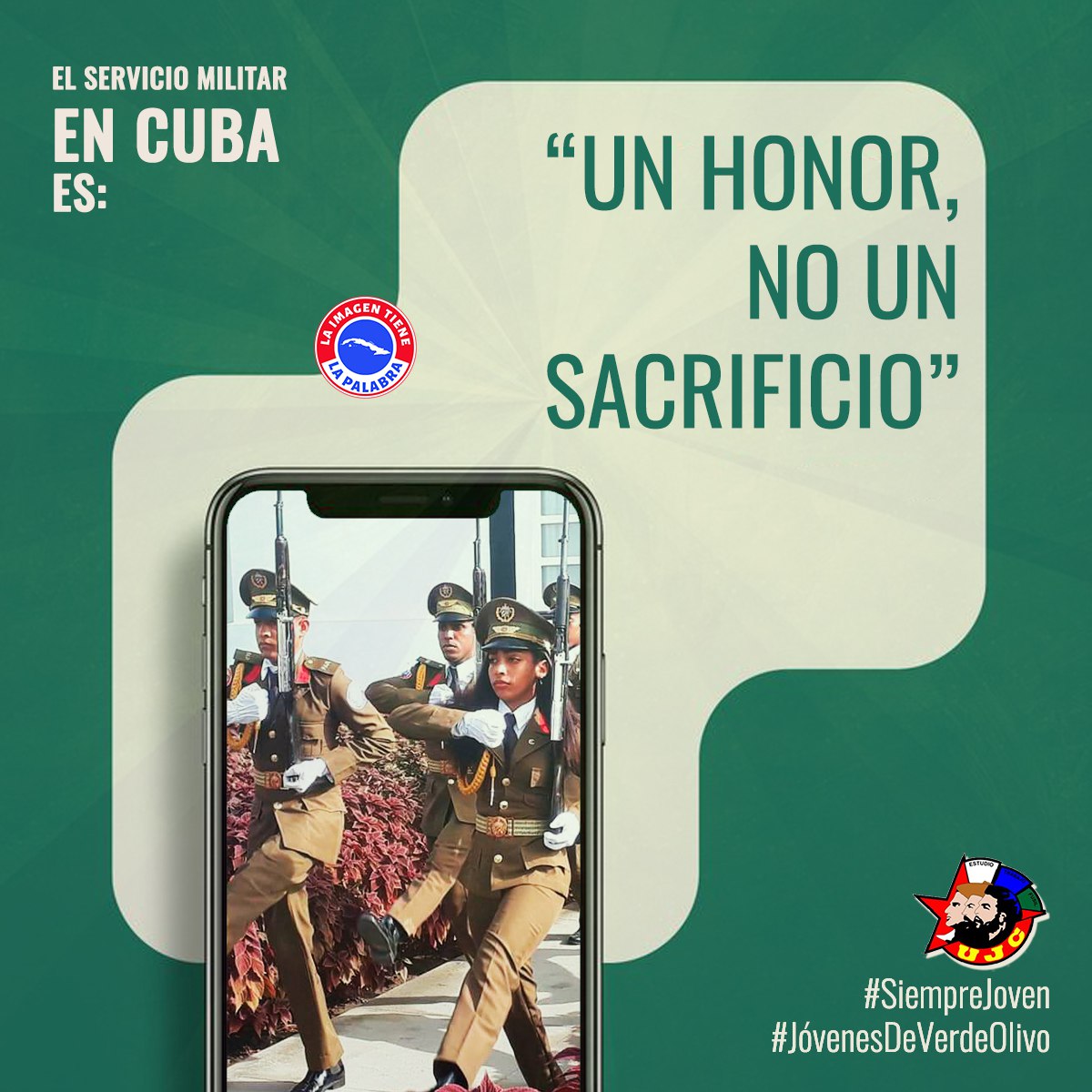 ‼️ Con el fusil en alto, defendemos nuestro futuro  
No es solo una consigna, es el latido firme de una generación que eligió servir con dignidad.  
Nuestros #JóvenesDeVerdeOlivo no marchan por rutina, marchan por convicción.  
#Cuba🇨🇺