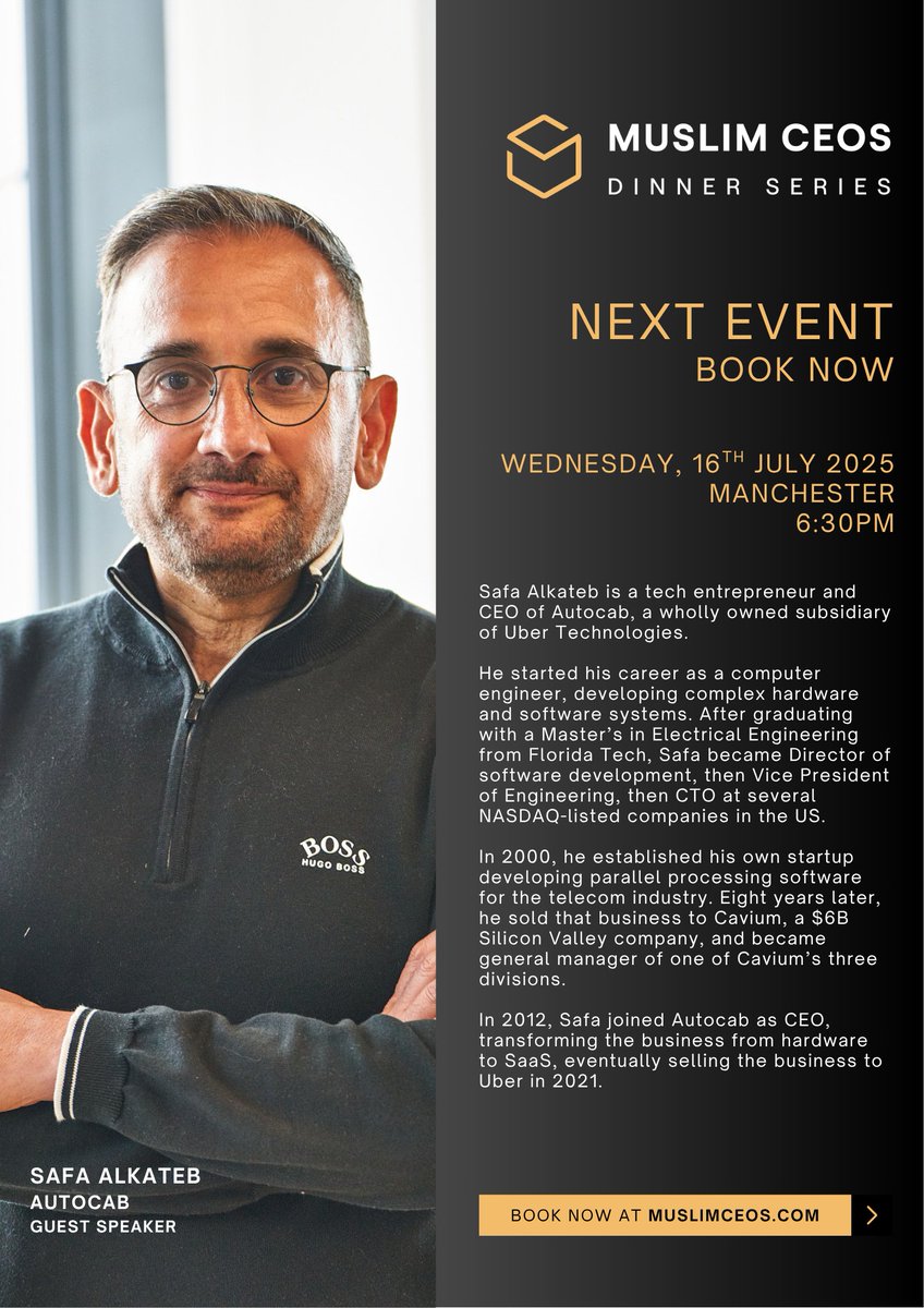 This month, we host guest speaker <a href="/safaalkateb/">Safa Alkateb</a> of <a href="/autocabgpc/">Autocab</a> at our event in Manchester.

Tickets are available now, get yours before we're sold out.

Register and book here: muslimceos.com

Event Date: Wednesday 16th July

#muslimceos
