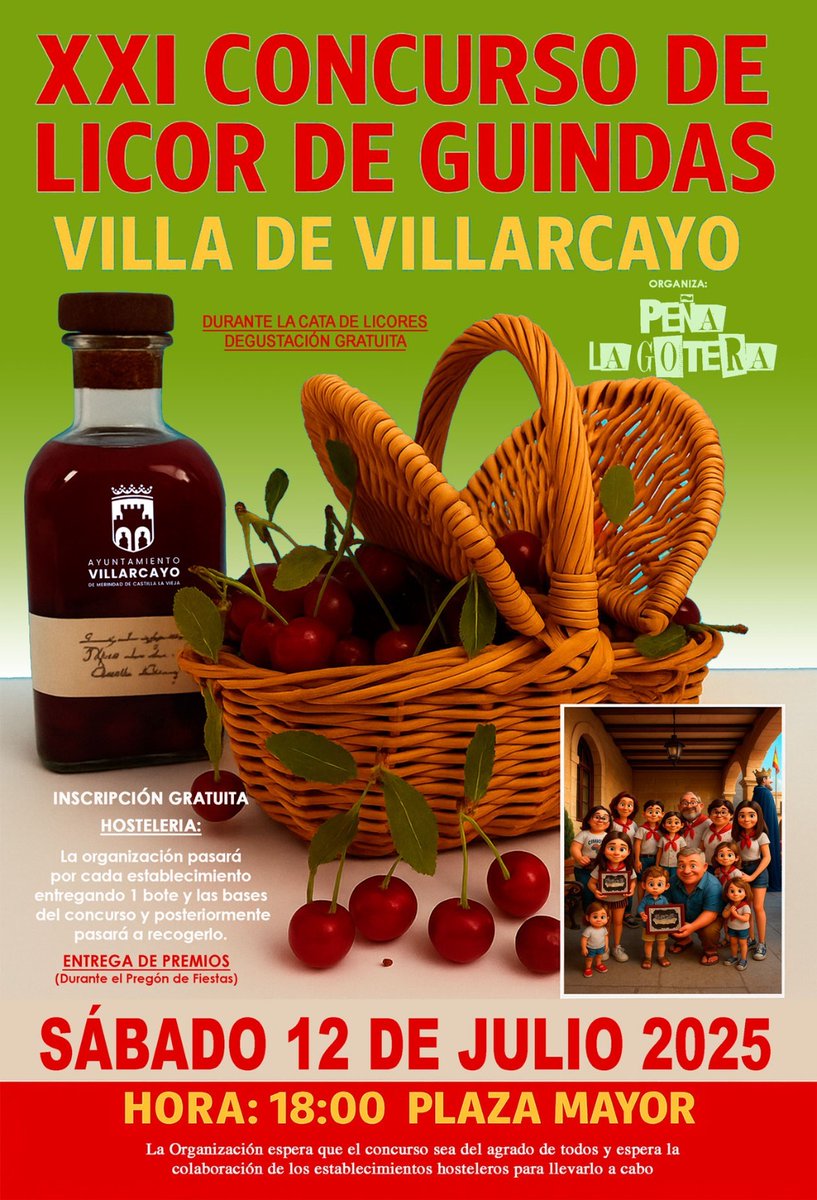 🍒El próximo sábado 12 de julio se celebra el XXI Concurso Licor de Guindas Villa de Villarcayo 

✅ XXI Concurso de Licor de Guindas.
📅 Sábado 12 de julio.
⏰ 18:00 h.
📍Plaza Mayor.

👉🏻 La inscripción es gratuita para la hostelería local, durante la cata habrá degustación.
