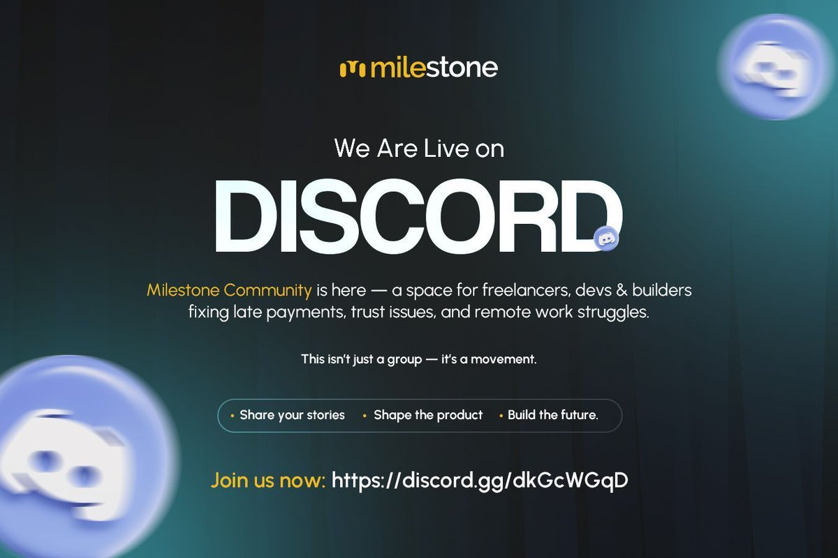 _ourmilestones's tweet photo. ⚡️ Big problems in remote work need a bold community. Ghosting, late payments, broken trust is awful. 

Join Milestone's new tech Discord. We're not just building tools. We're building fairness into the internet! 

👉 https://t.co/1NzLffcnpf

#DevCommunity #RemoteWork https://t.co/5NDl9INpW9