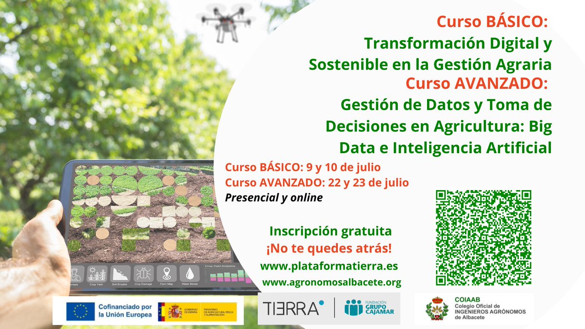 📢📢 ¡No pierdas esta oportunidad!
🚜💻 ¡Formación gratuita para asesores agrarios!
🔹 Cursos sobre Digitalización en Agricultura
📆 9 julio (online) + 10 julio (presencial en Albacete)
📆 22 julio (online) + 23 julio (presencial en Albacete)
✍️ℹ️ bit.ly/DigiBasico